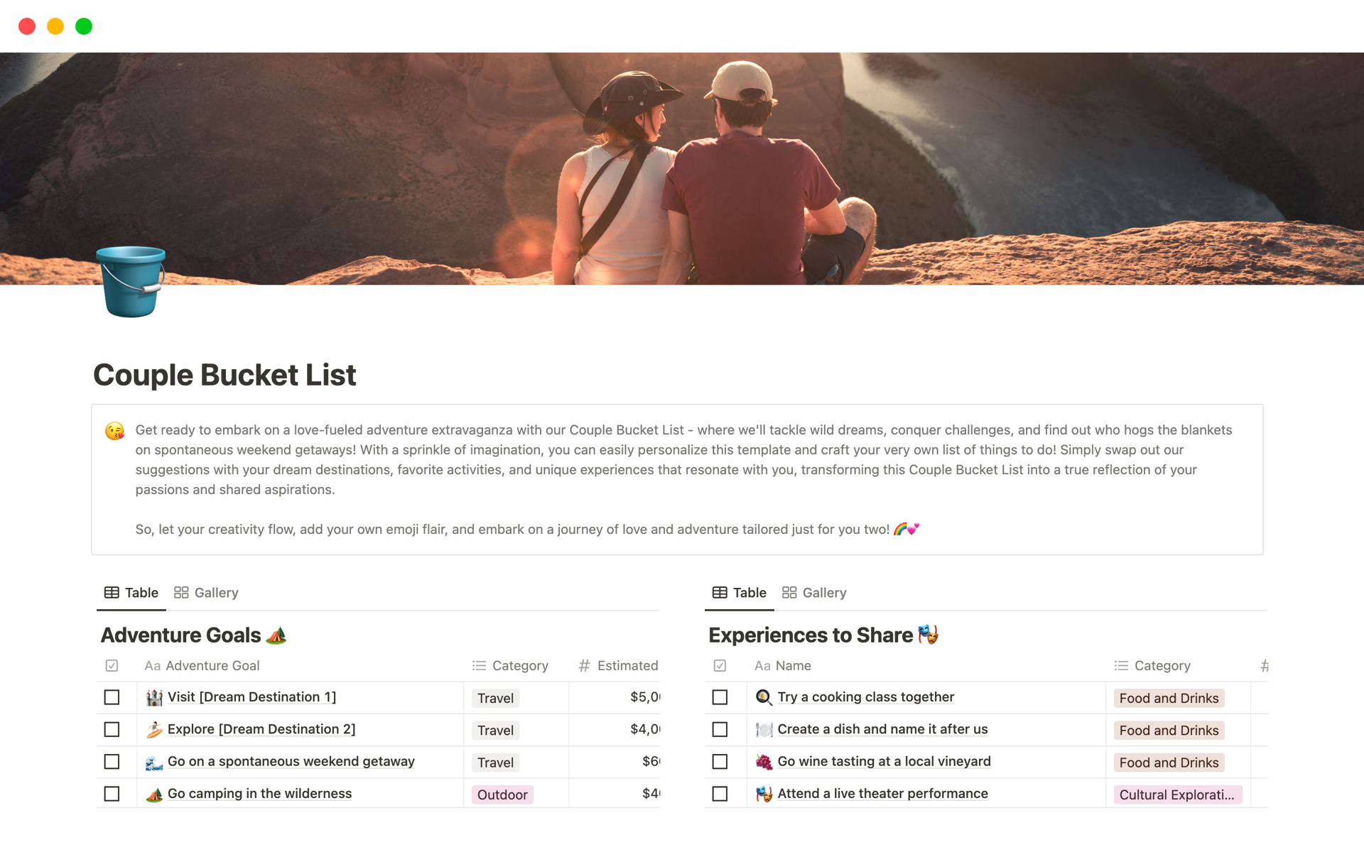 An enchanting Couple Bucket List template where you can weave your love story with personalized adventures and dreams, making it uniquely yours.