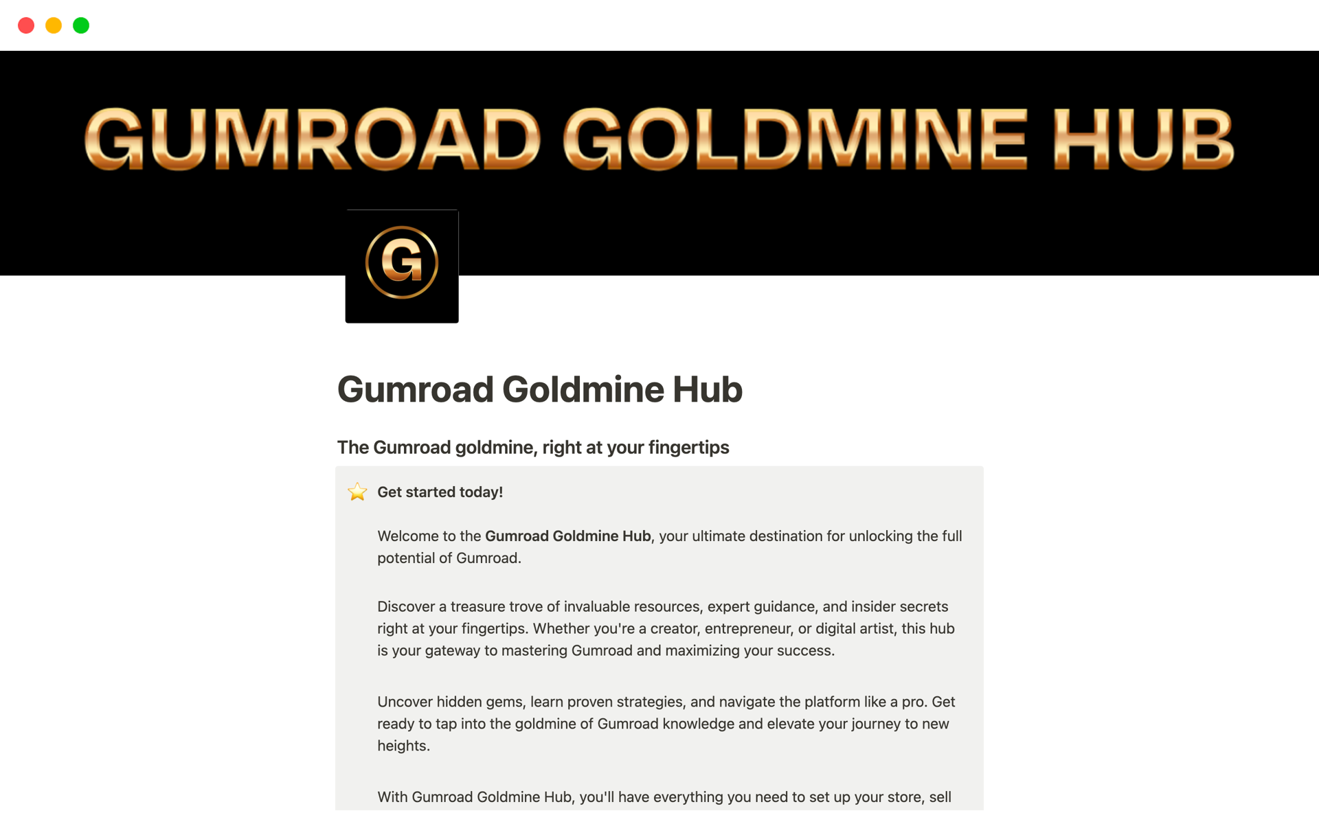 A template preview for Gumroad Goldmine Hub