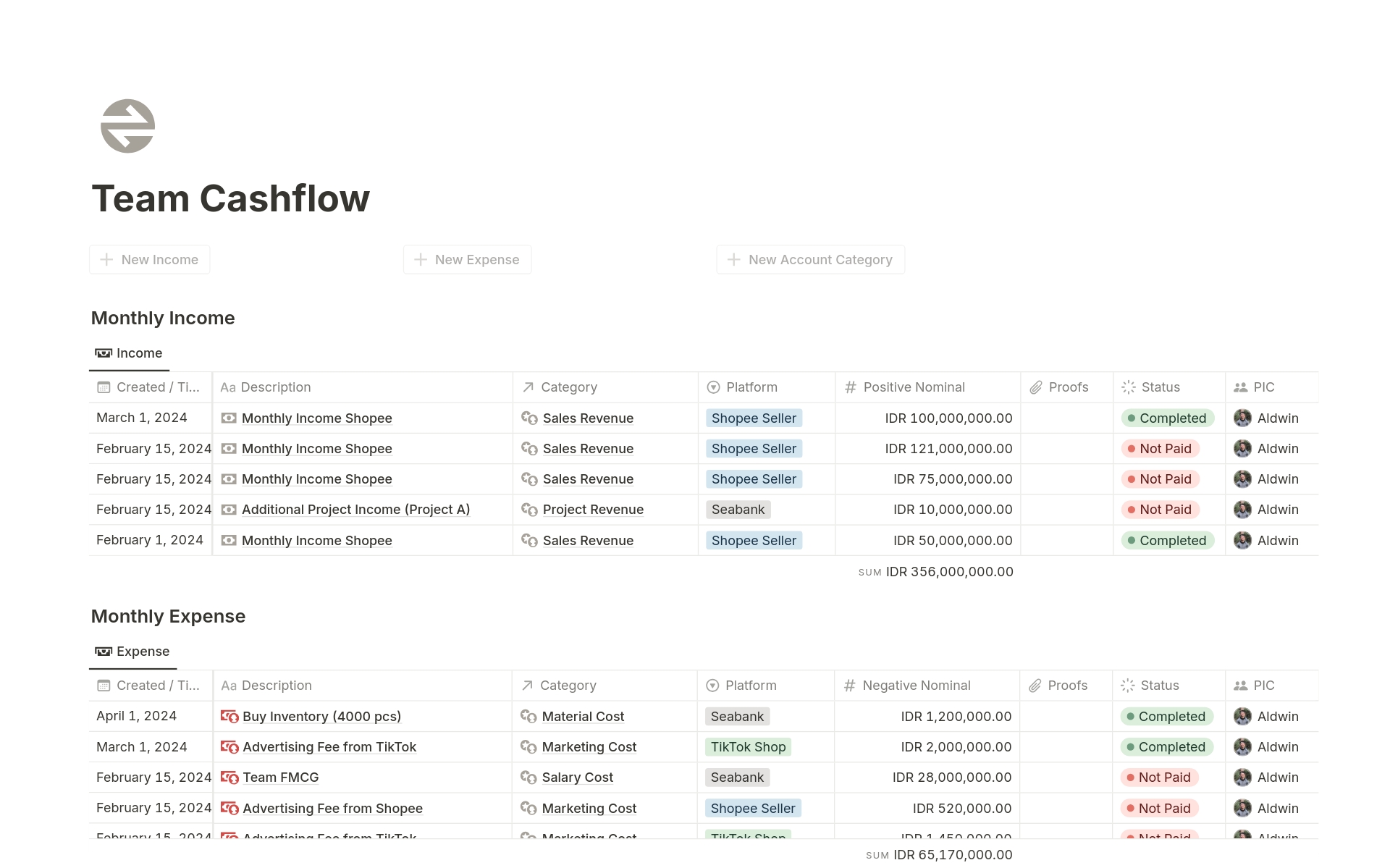 Vista previa de plantilla para Team Cashflow Tracker