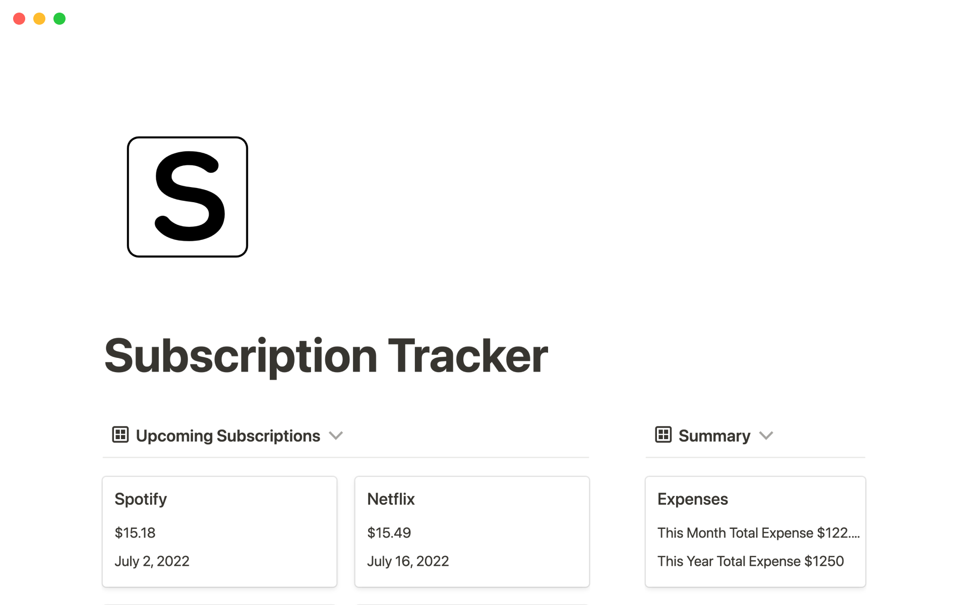 A template preview for Subscription tracker