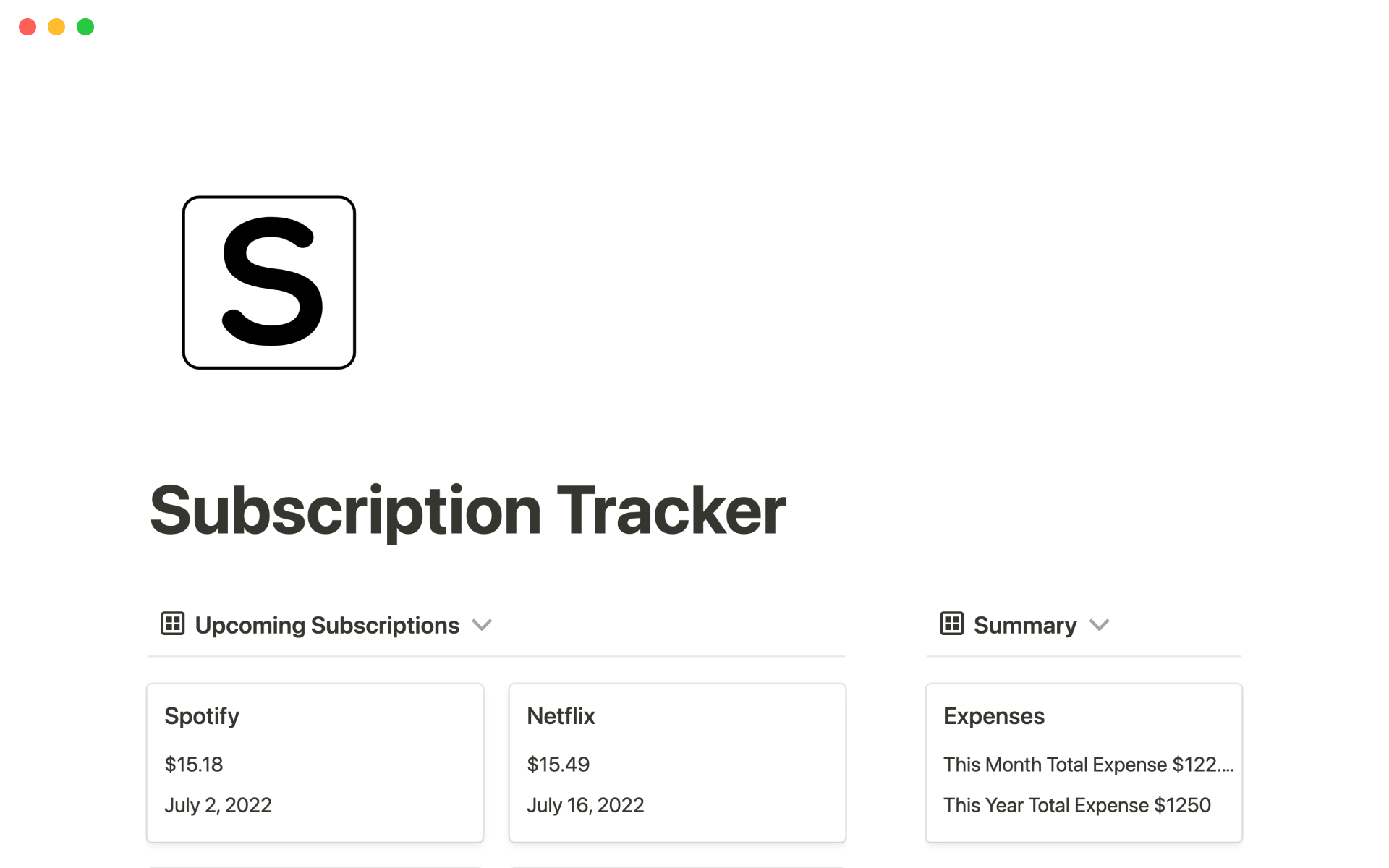 Aperçu du modèle de Subscription tracker