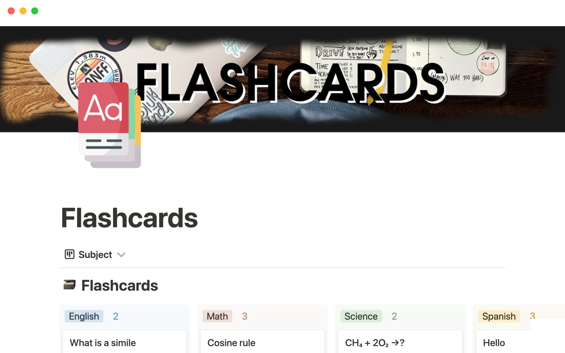 A template preview for Spaced repetition flashcards