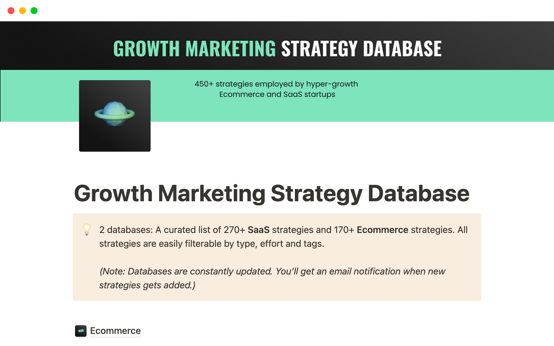 A template preview for Growth Marketing Strategy Database