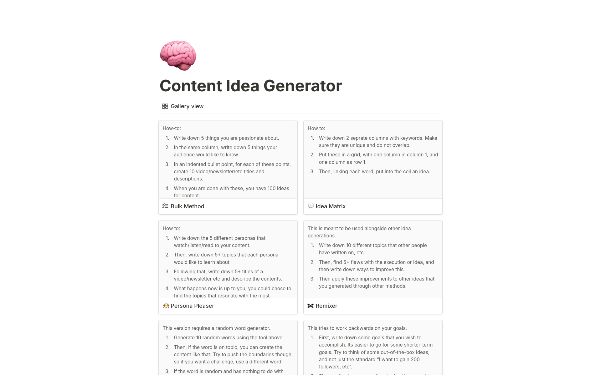 A template preview for Content Idea Generation 