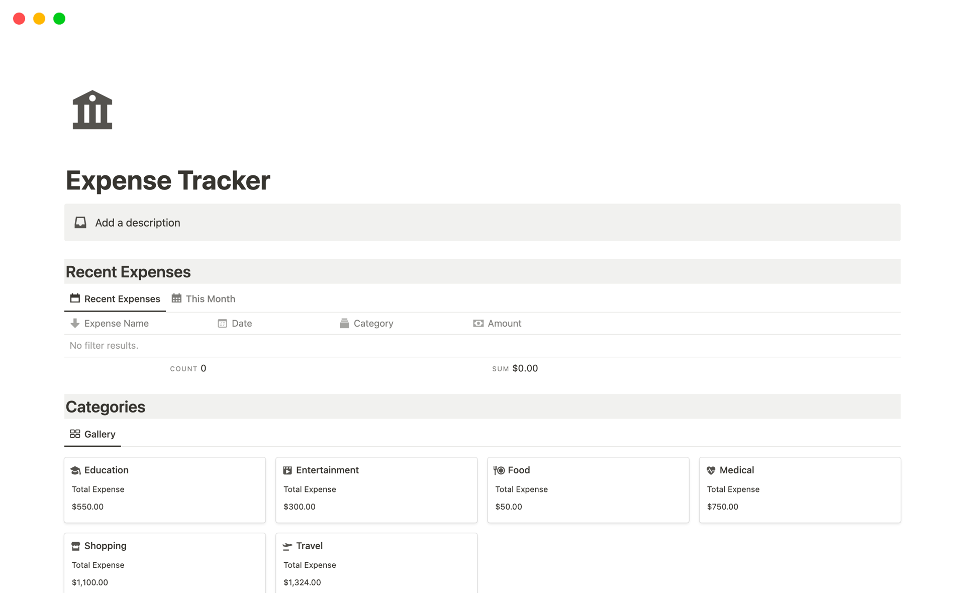 Vista previa de plantilla para Expense Tracker