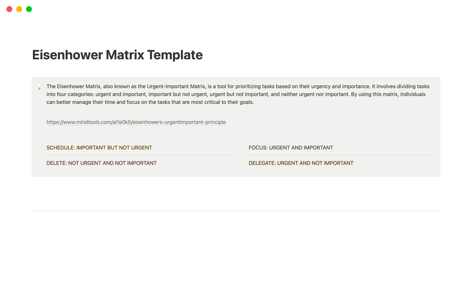 A template preview for Eisenhower Matrix Template