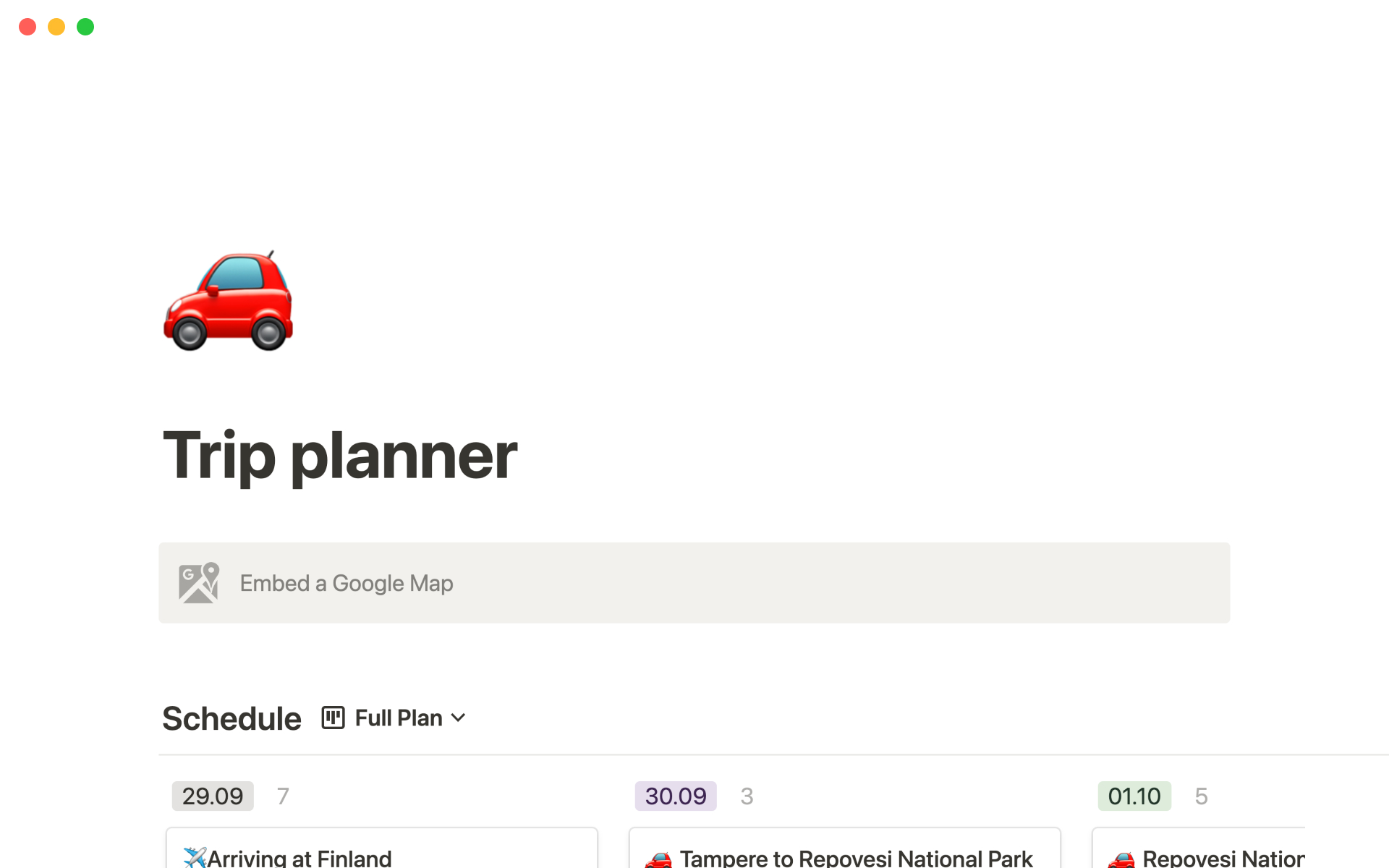 A template preview for Trip planner