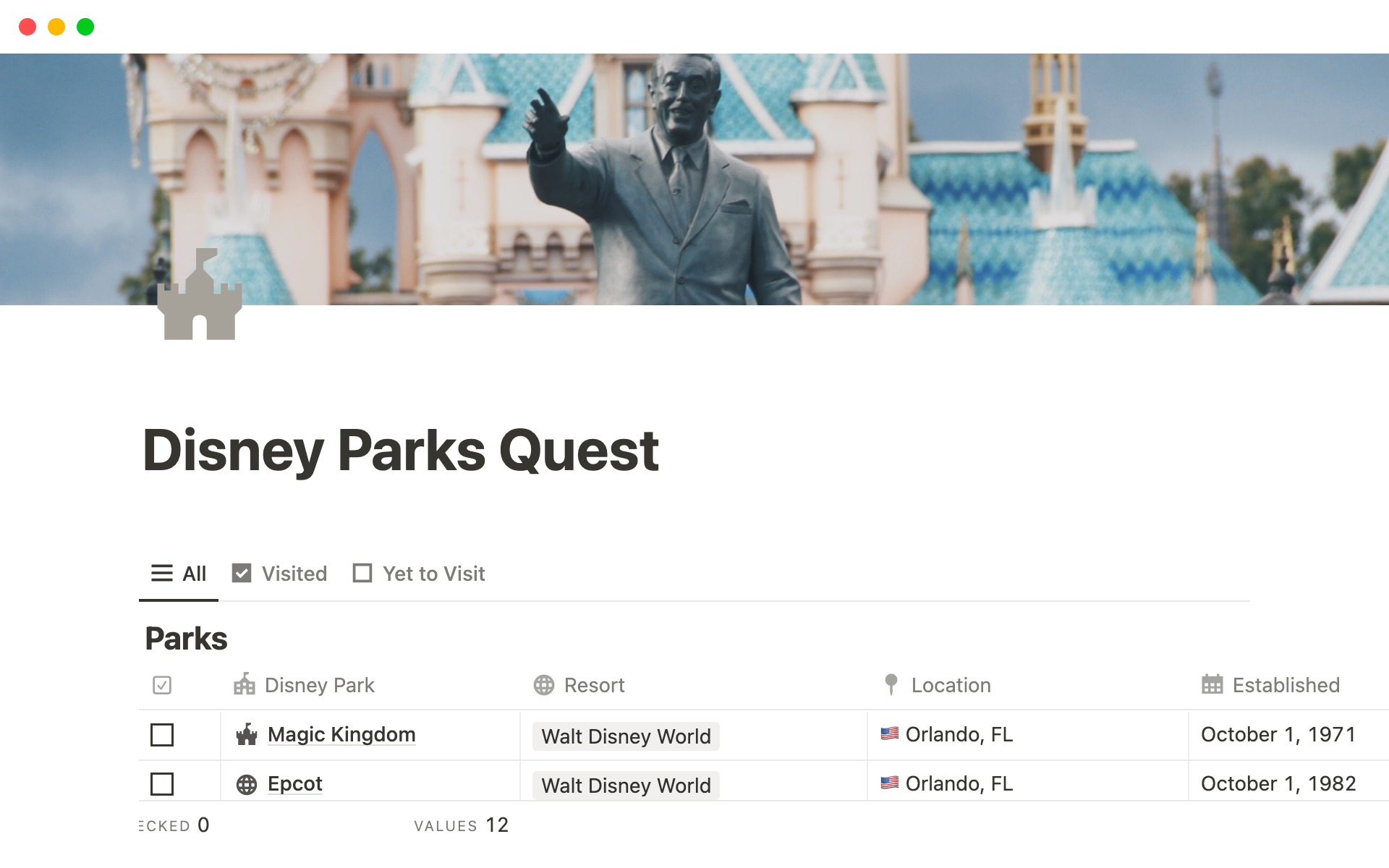 Eine Vorlagenvorschau für Disney Parks Quest