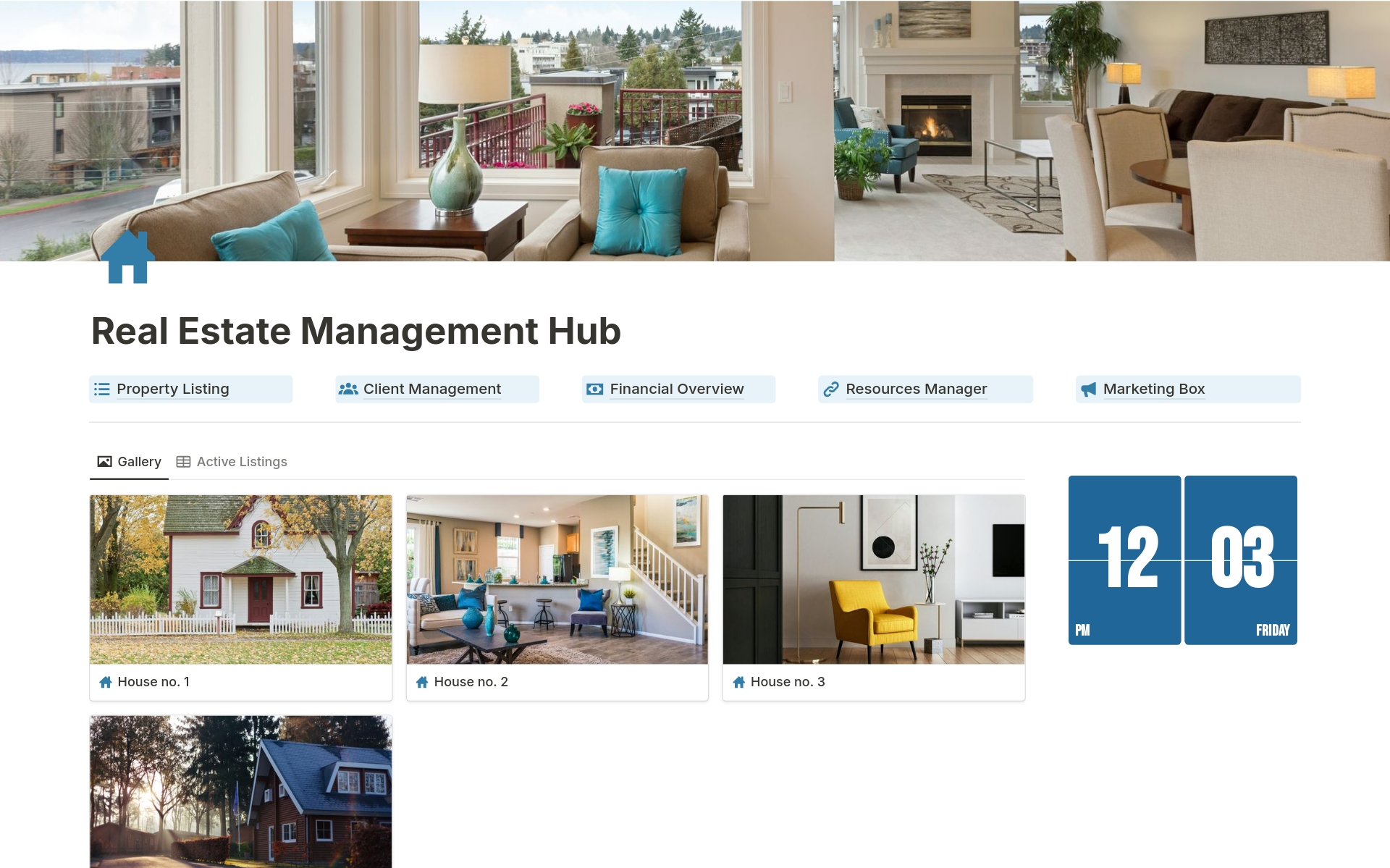 The Real Estate Management Hub Notion template is designed for Real Estate Agencies. This hub simplifies property management, client interactions, and financial tracking, enhancing efficiency and organization in daily real estate operations.