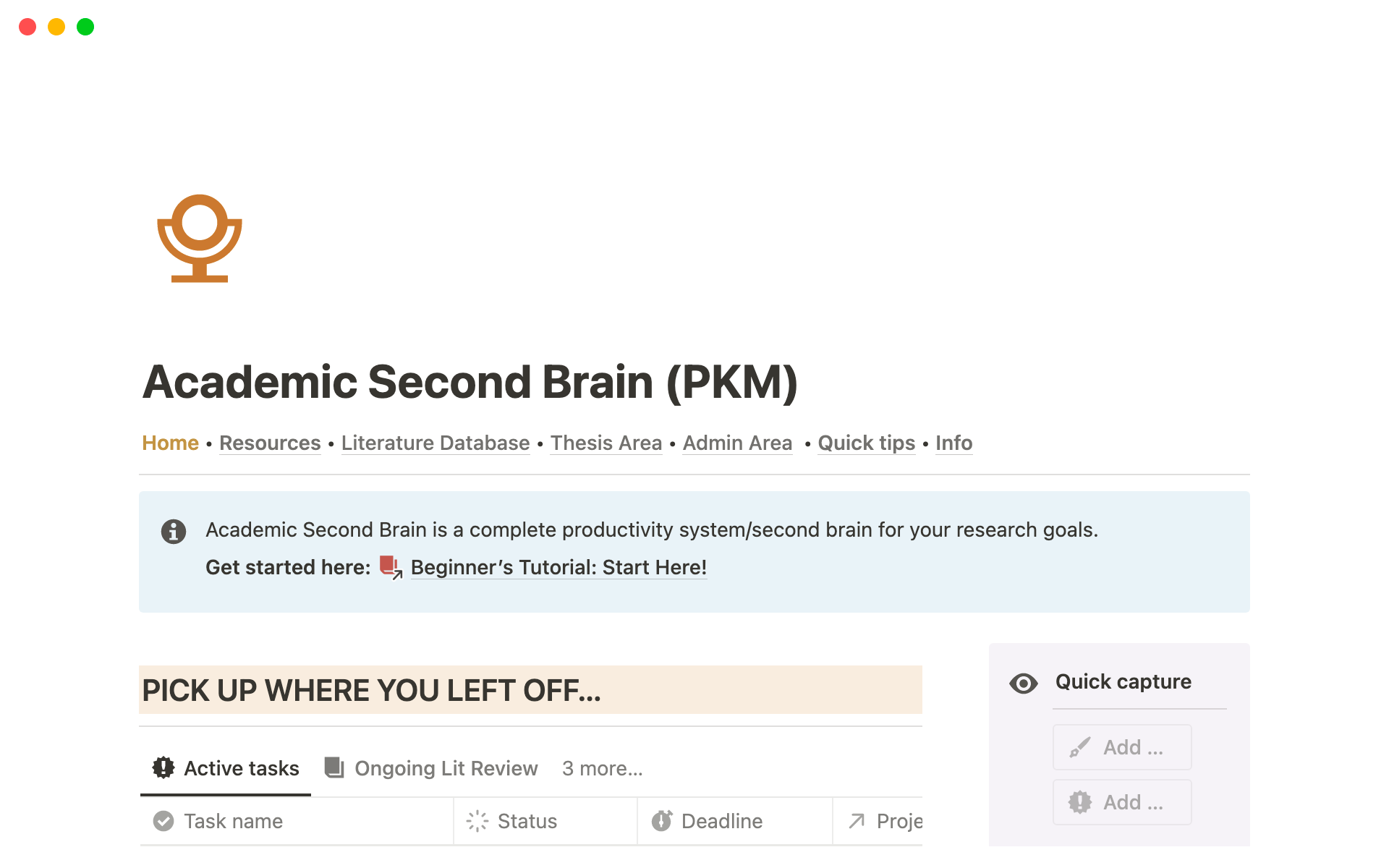 A template preview for Academic Second Brain (PKM)