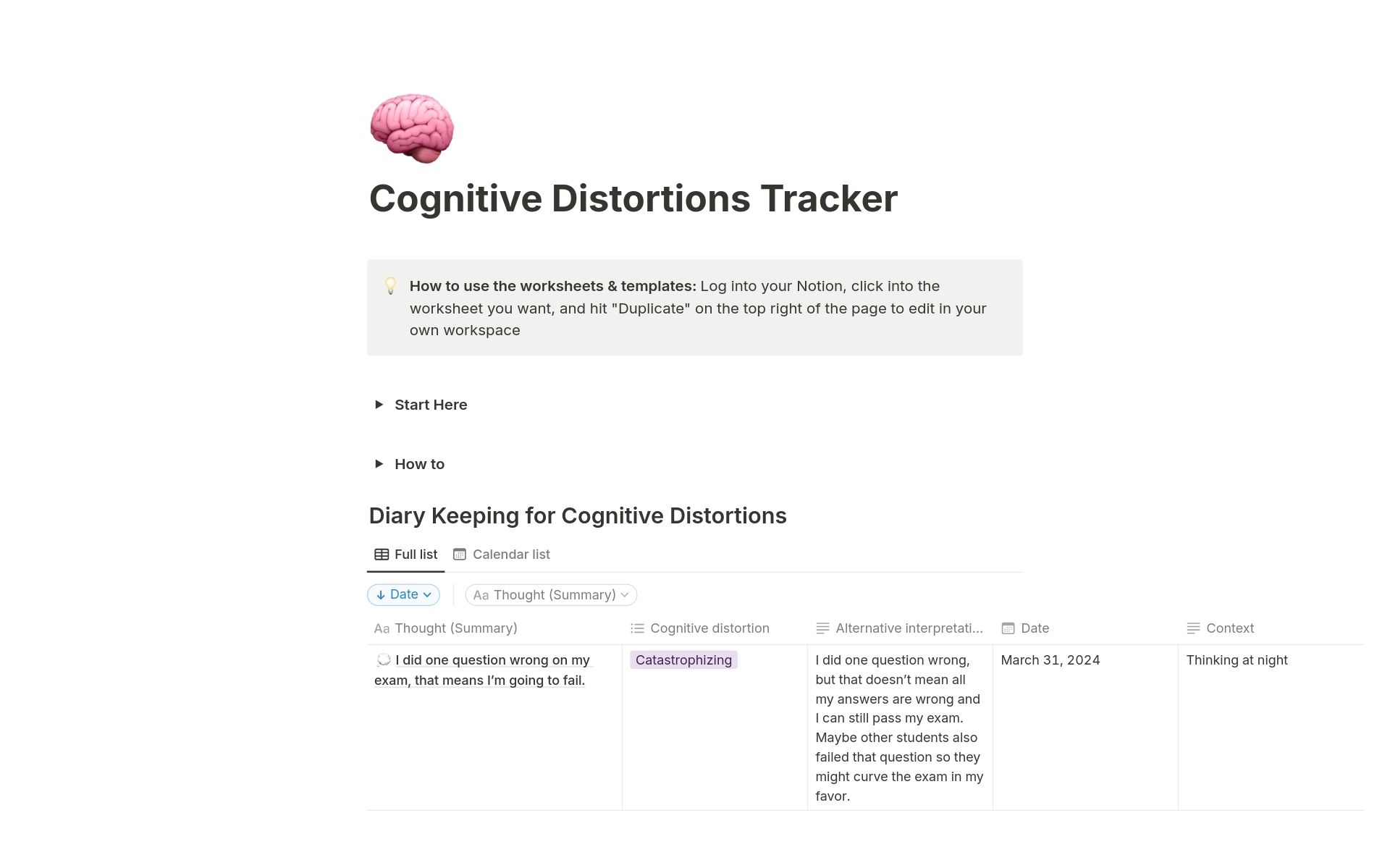 Do you feel overwhelmed by negative thoughts, and wish for a way to address them effectively?

This Notion template helps you to record your cognitive distortions, categorize them, and delve into analyzing patterns that influence your thinking.