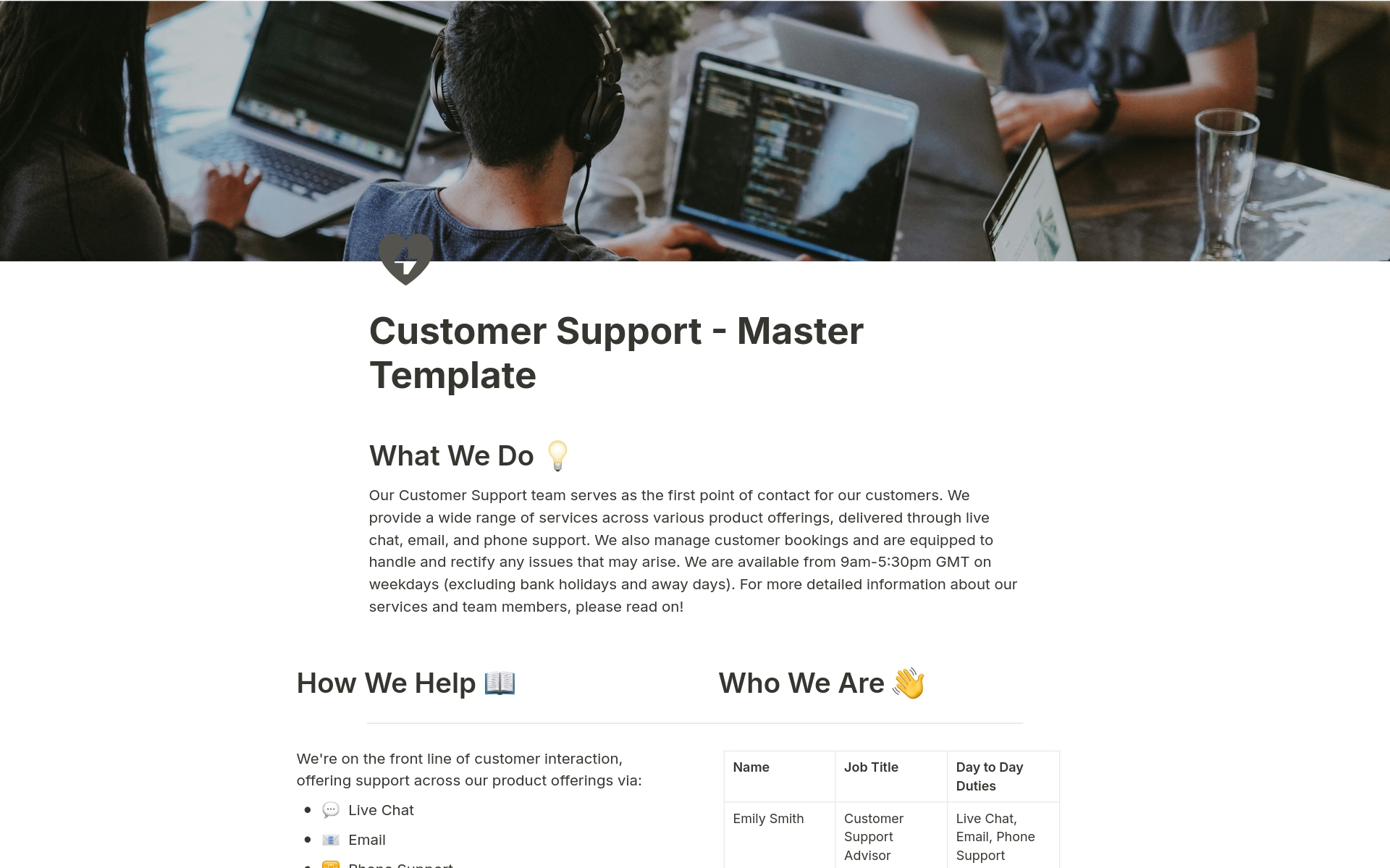 A template preview for Customer Support Management