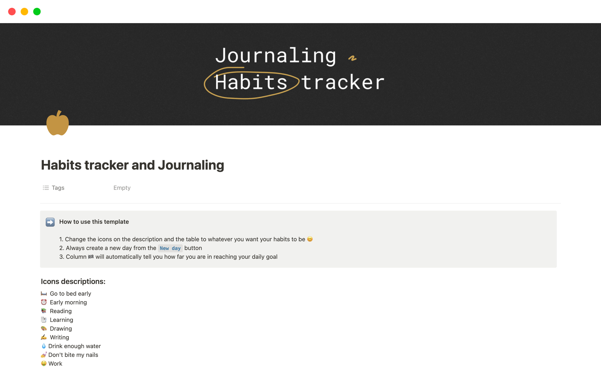 A template preview for Habits tracker and Journaling