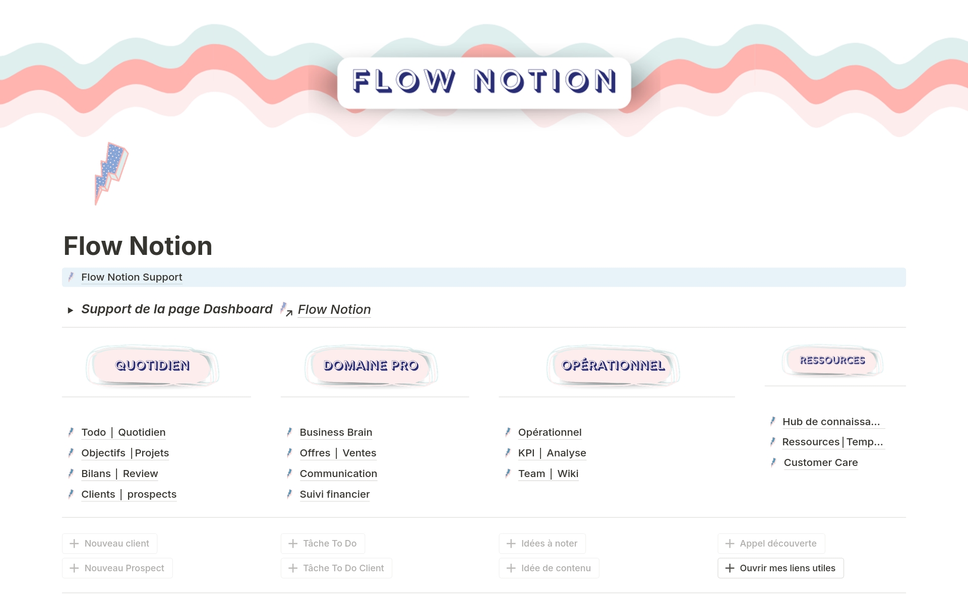 Optimise ta gestion d'entreprise avec Flow Notion : le template Notion de pilotage d'entreprise. Organise projets, clients, finances et communication pour une productivité maximale.
