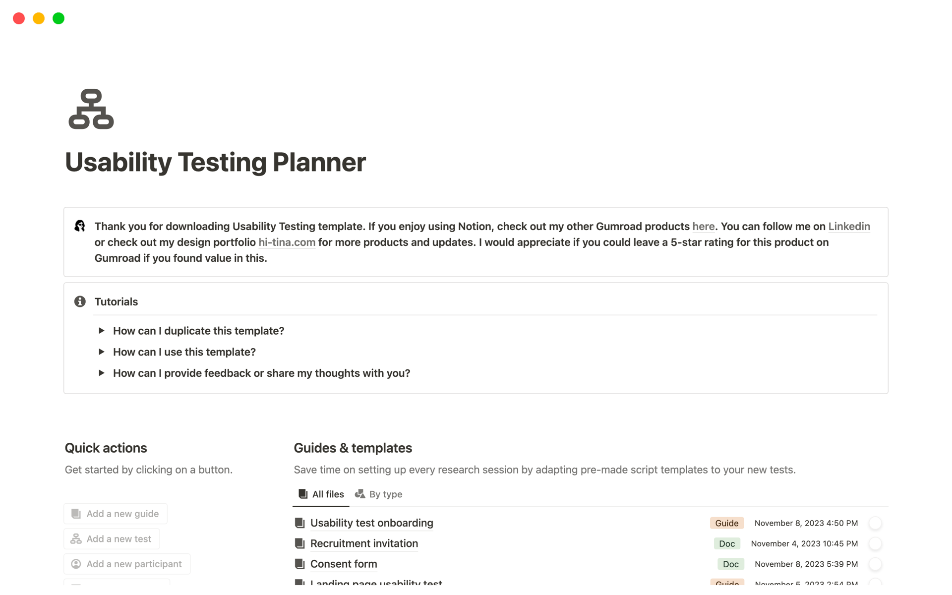 A template preview for Usability Testing Planner