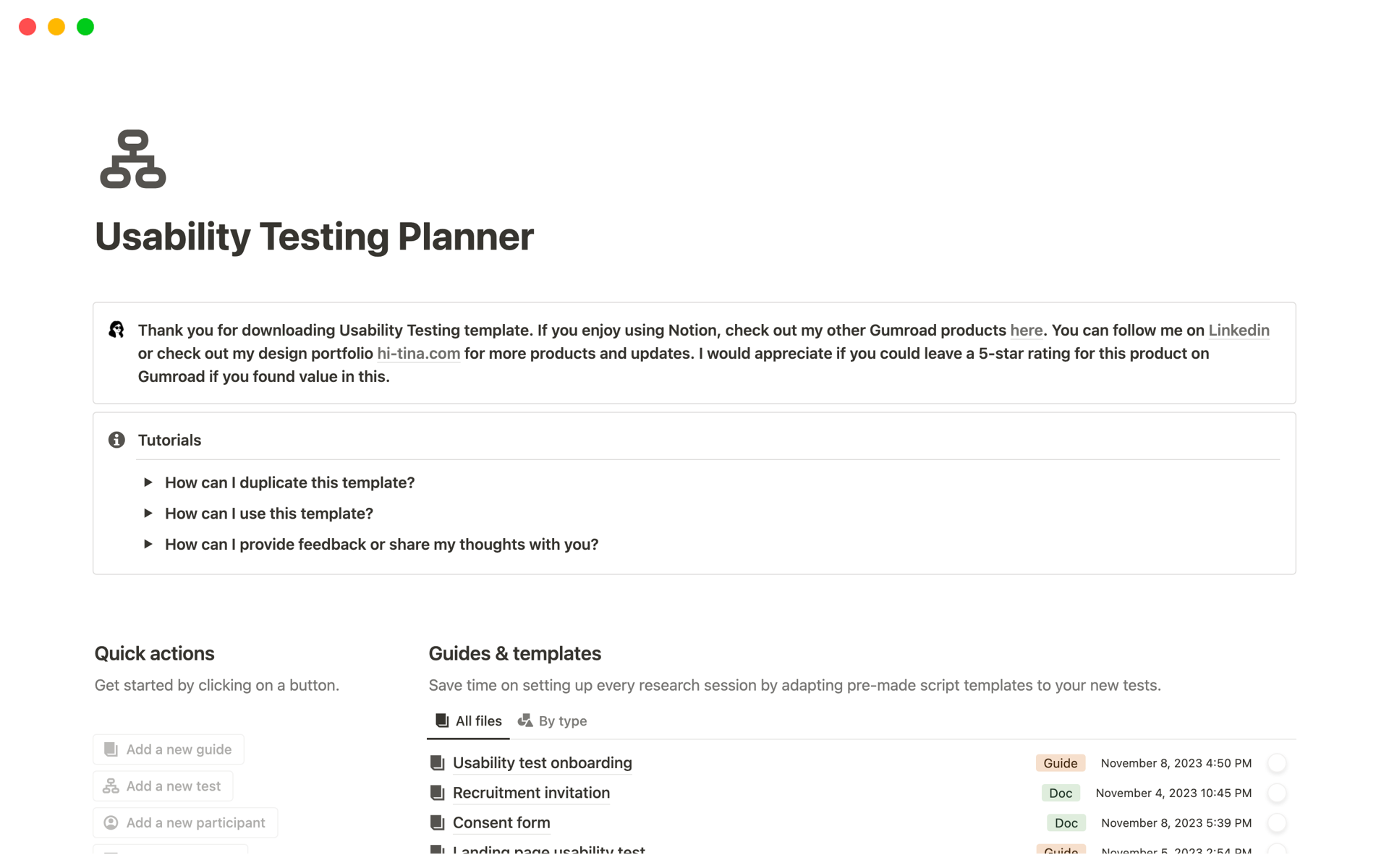 Aperçu du modèle de Usability Testing Planner