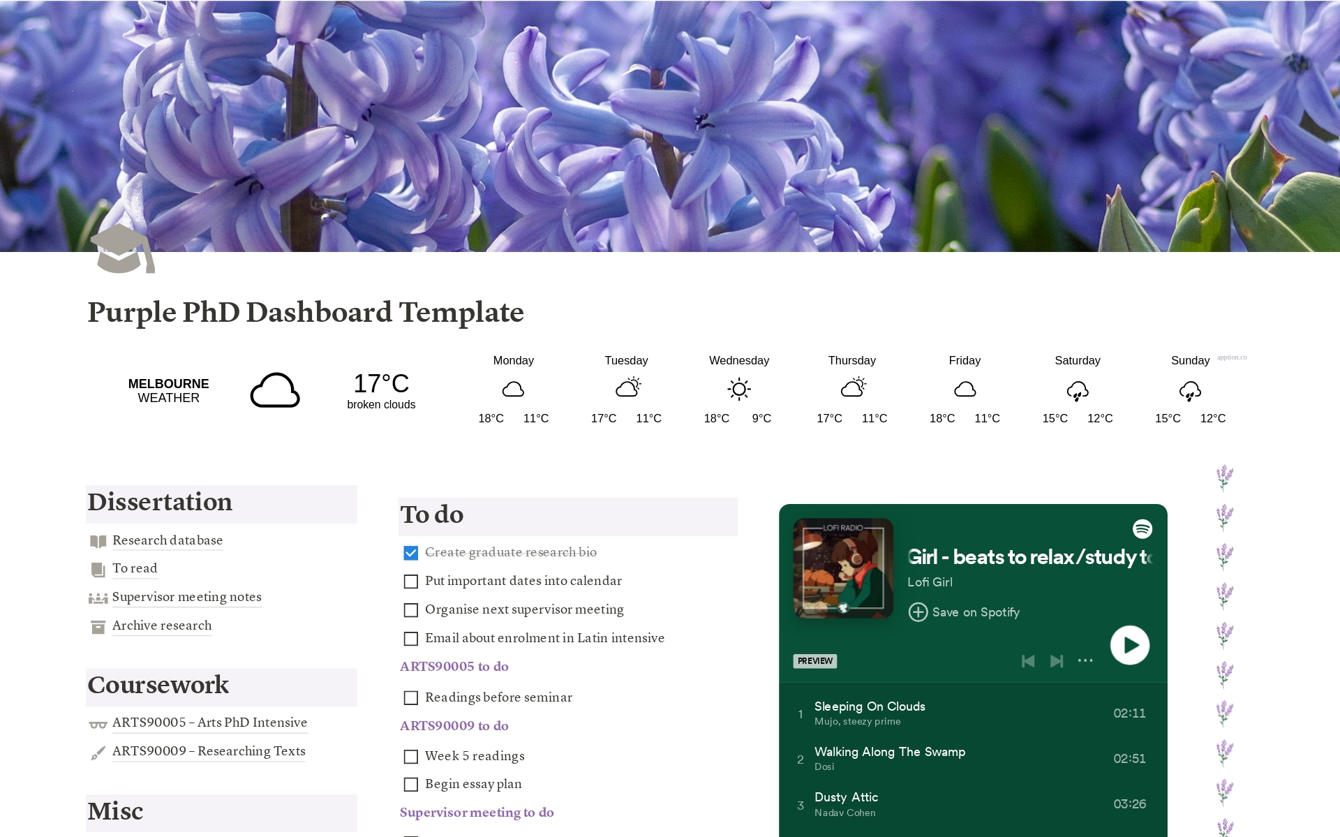 Vista previa de plantilla para PhD Dashboard – Purple