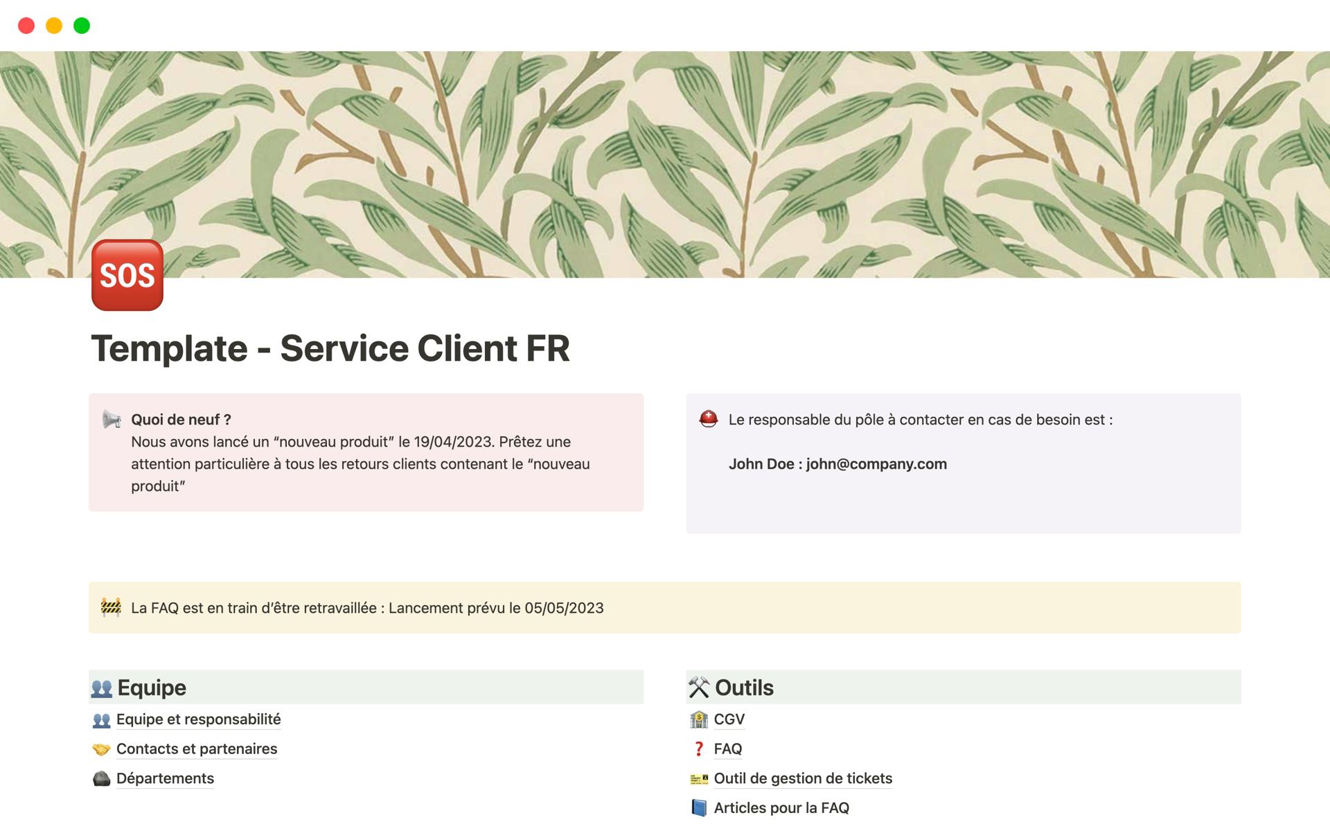 A template preview for Template - Service Client FR