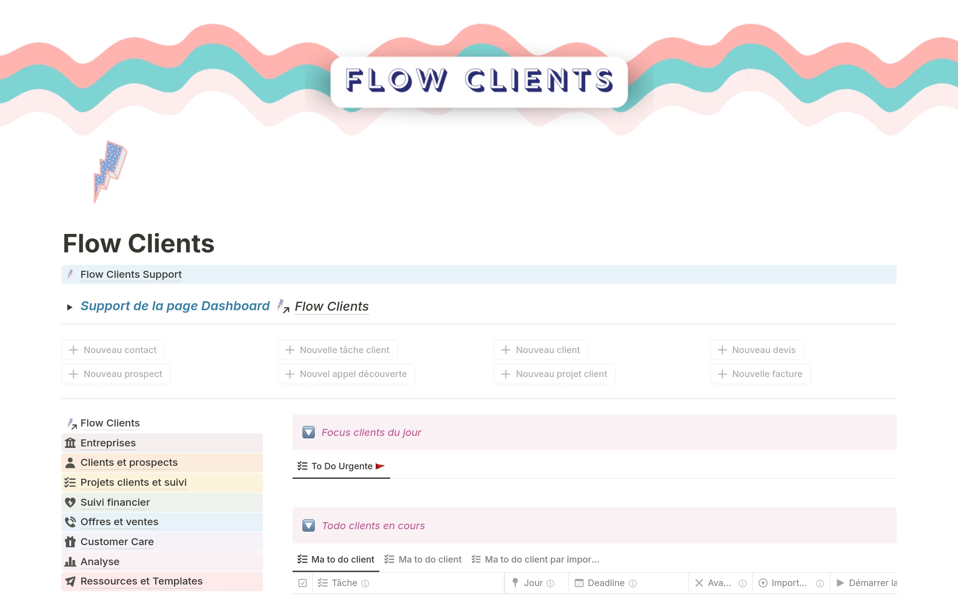 Développe ton CRM dans Notion avec Flow Clients, le template complet pour suivre, organiser et maximiser ta gestion client. Automatise tes tâches commerciales, booste ton customer care et analyse ta stratégie pour des résultats optimaux.
