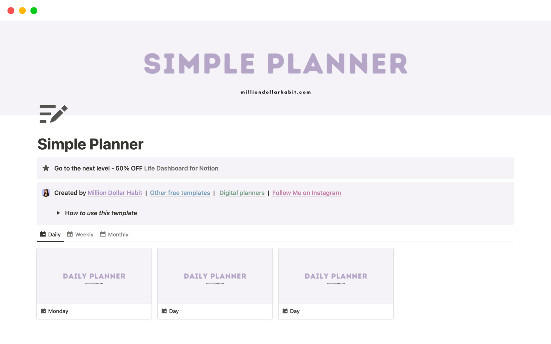 Eine Vorlagenvorschau für Simple Life Planner