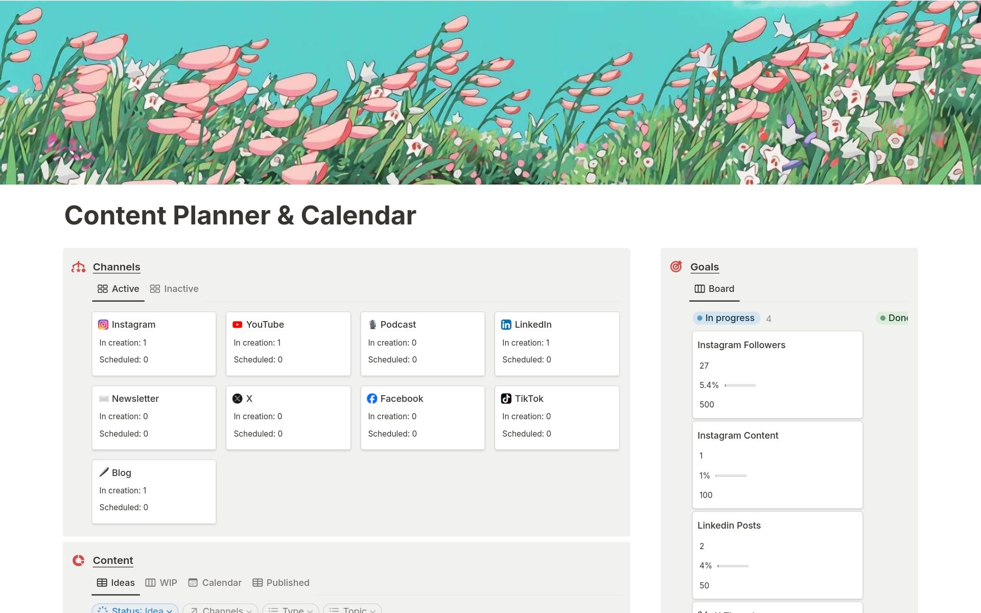 A template preview for Content planner and calendar