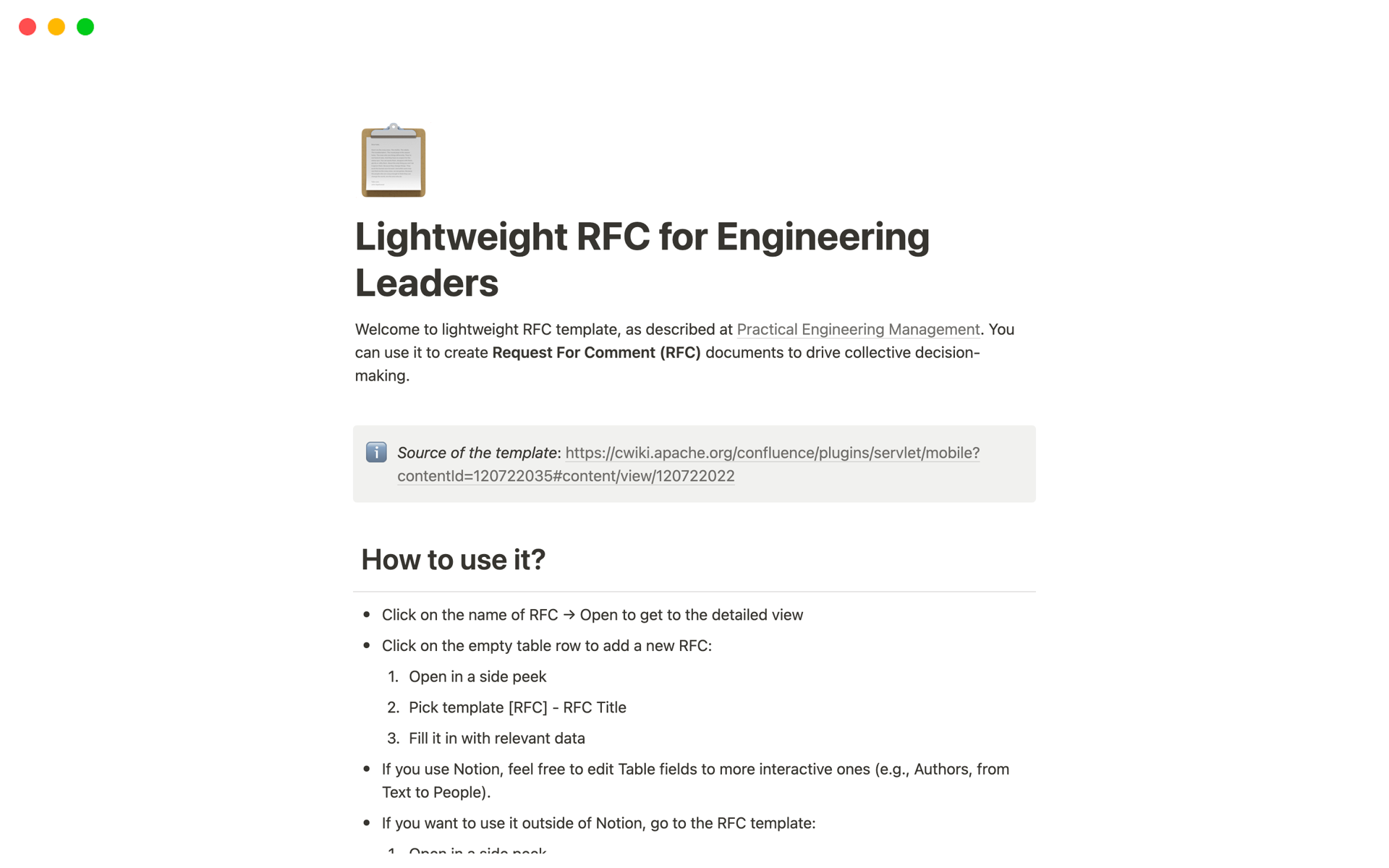 A template preview for Lightweight RFC for Engineering Leaders