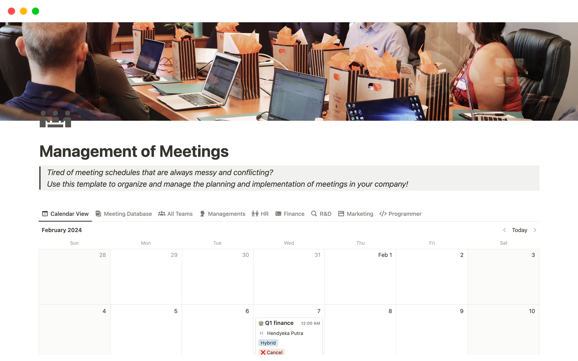 A template preview for Management of Meetings