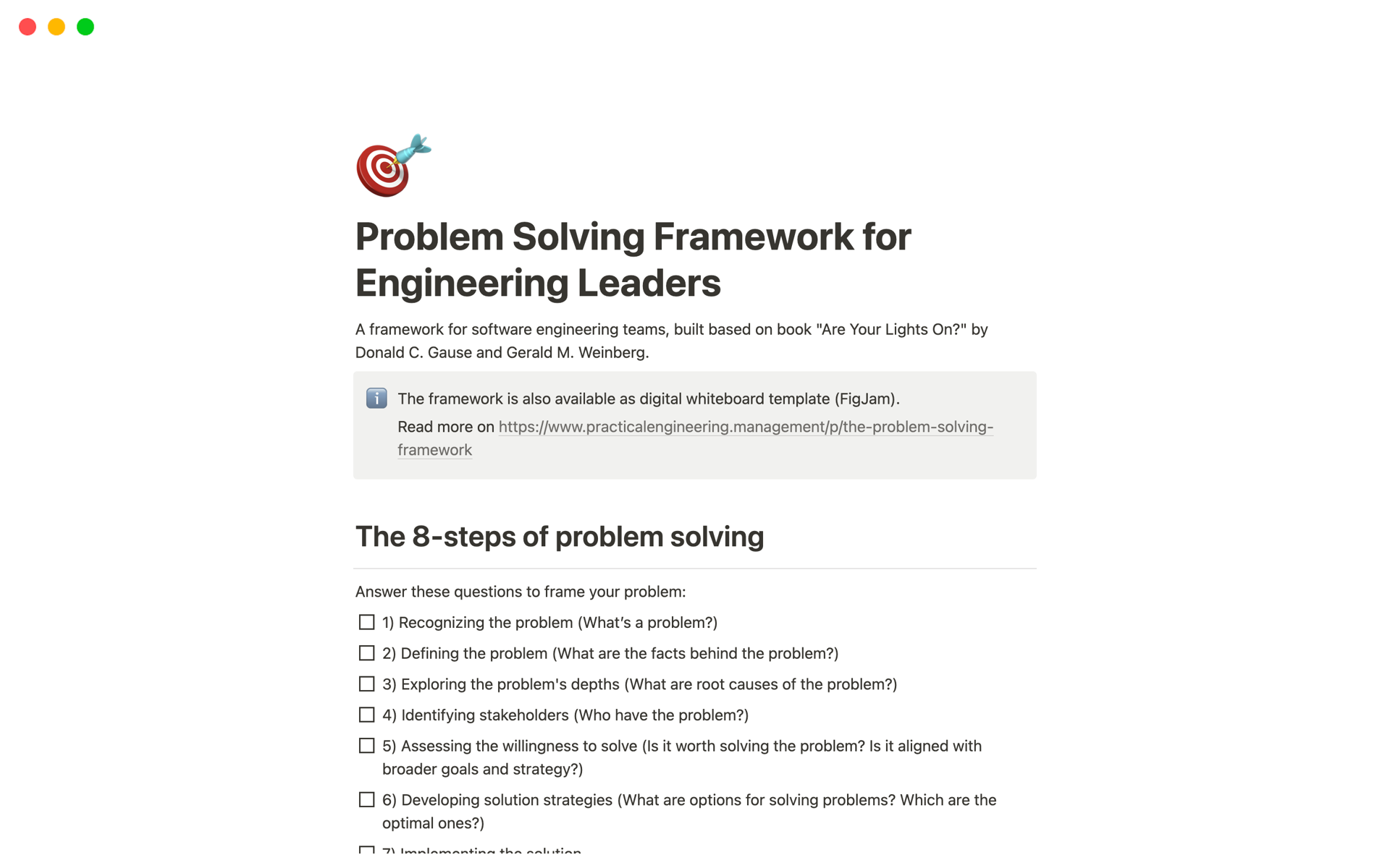 Problem Solving Framework for Engineering Leadersのテンプレートのプレビュー