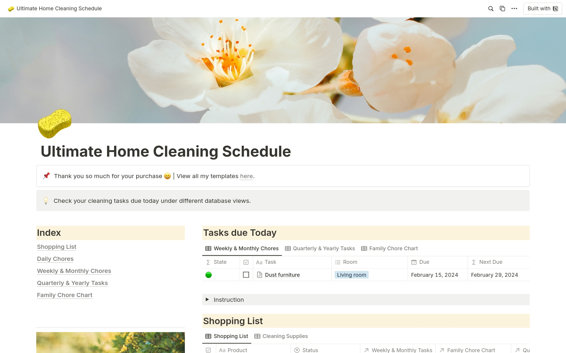 Ultimate Home Cleaning Schedule by Vy Phang Notion Template