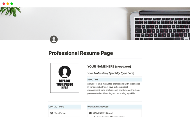 Notion Professional Resume Page