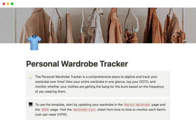 Wardrobe & Cost Per Wear Tracker