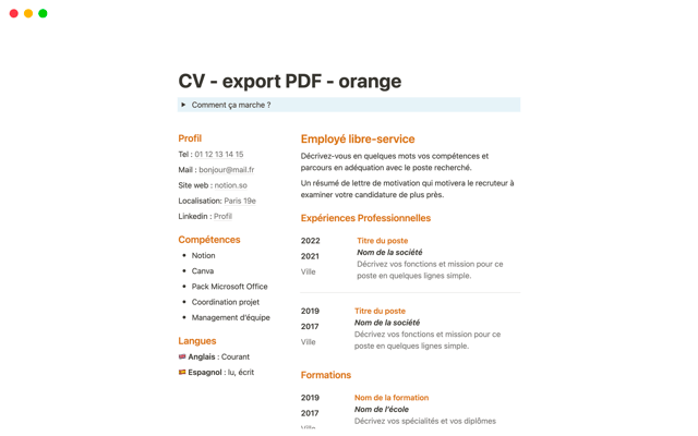 CV simple pour export PDF - orange
