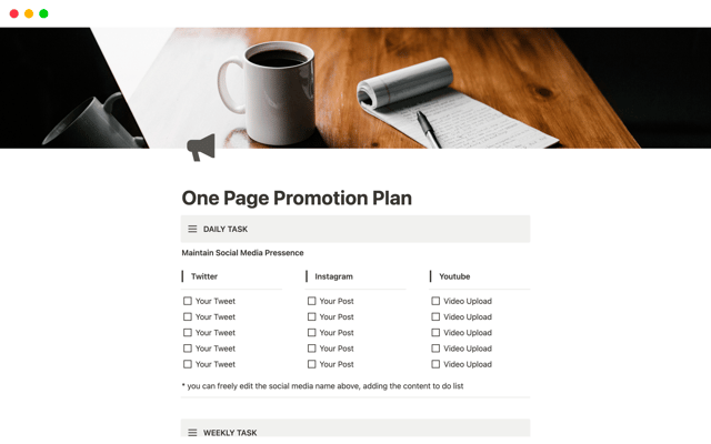 One Page Promotion Plan