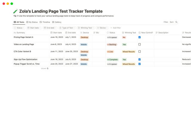 Landing Page Test Tracker