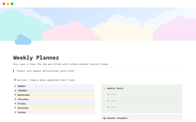 Cotton Candy Clouds Weekly Planner