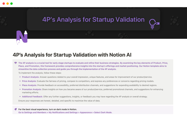 4P's Analysis for Startup Validation with Notion AI
