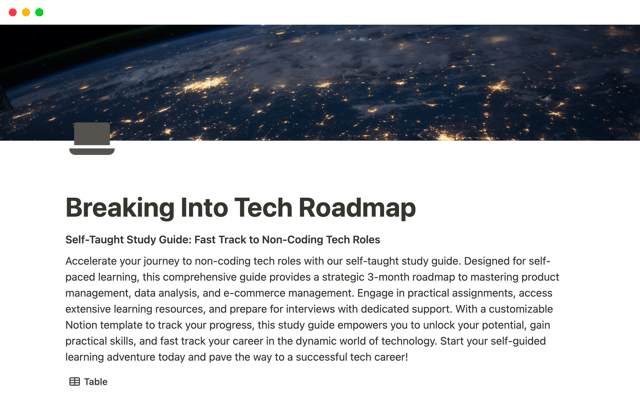 Notion Template Breaking Into Tech Roadmap: 90 Day Up-skill Challenge