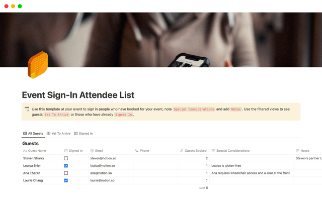 Event Sign-In Attendee List