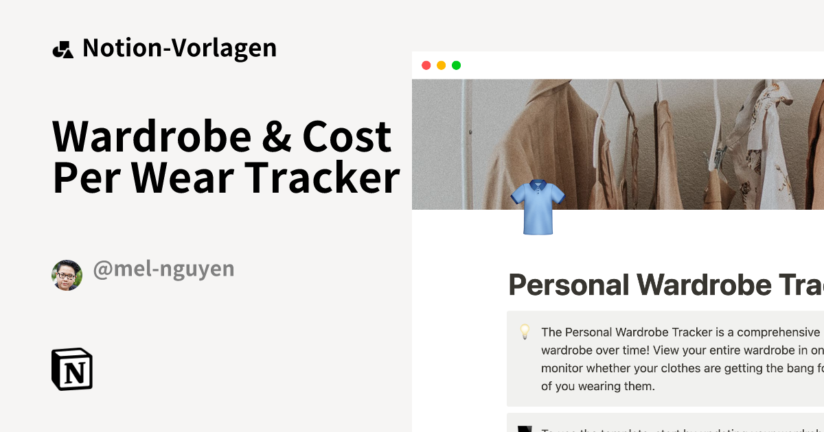 Wardrobe & Cost Per Wear Tracker NotionVorlage