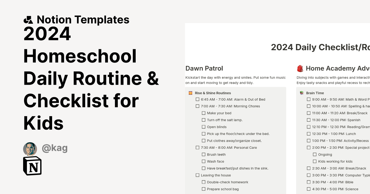 2024 Homeschool Daily Routine & Checklist for Kids by kag Notion Template