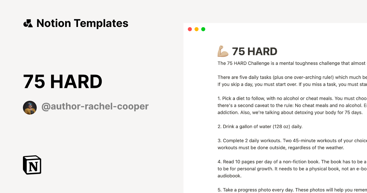 75 HARD Template By Author Rachel Cooper Notion Marketplace