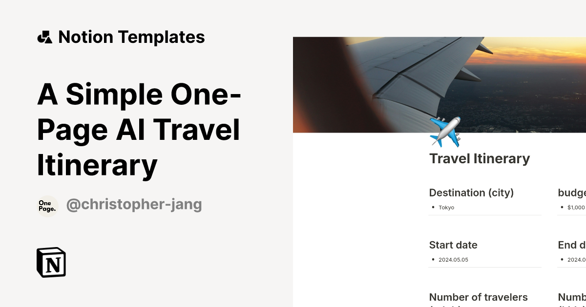 A Simple OnePage AI Travel Itinerary Notion Template