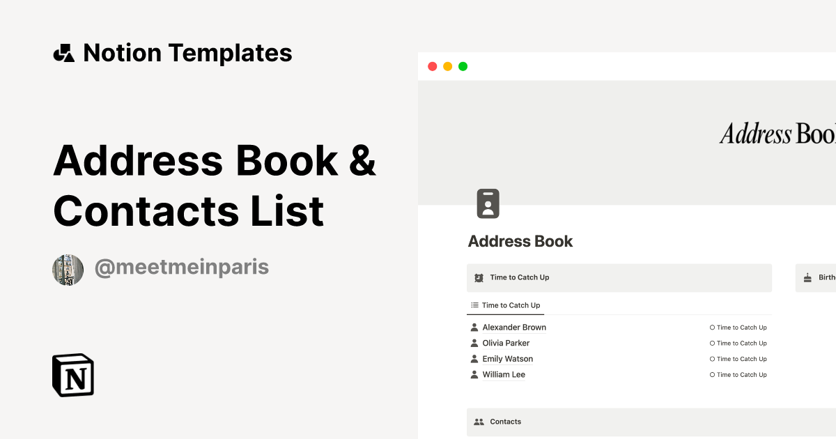 Address Book & Contacts List by Meet me in Paris Notion Template