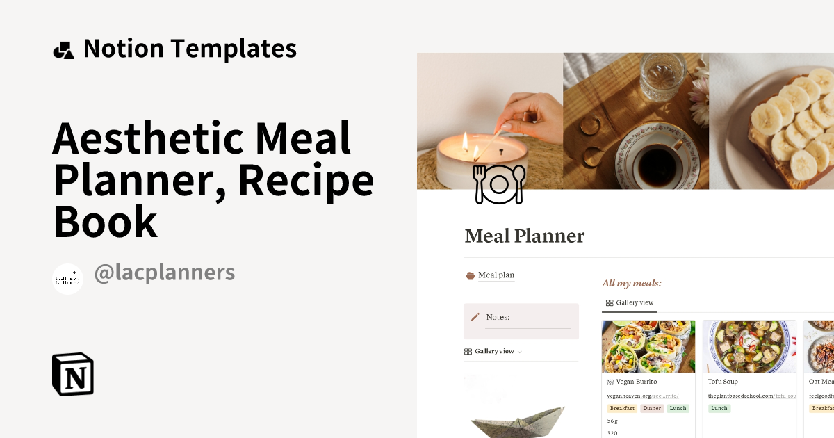 Aesthetic Meal Planner, Recipe Book Notion Template