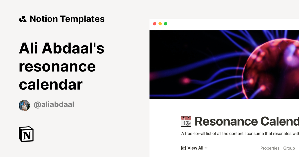 Ali Abdaal's resonance calendar | Notion Template