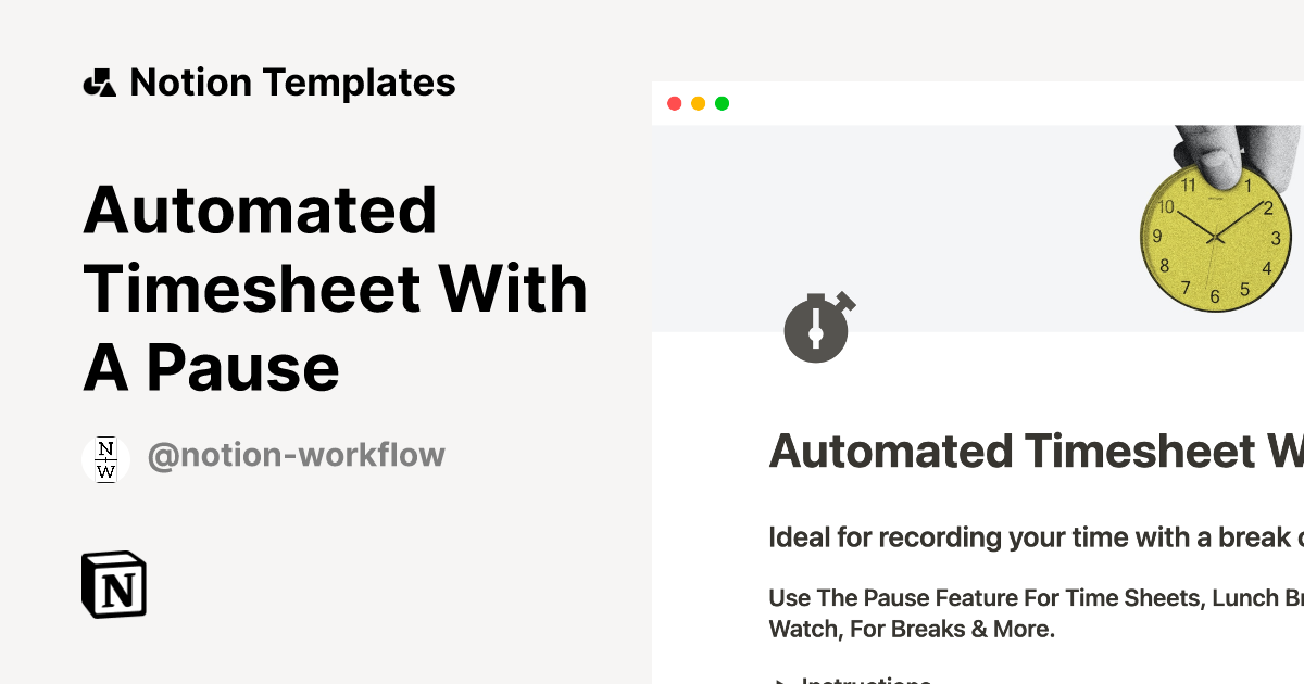 Automated Timesheet With A Pause by Notion Workflow Notion Template