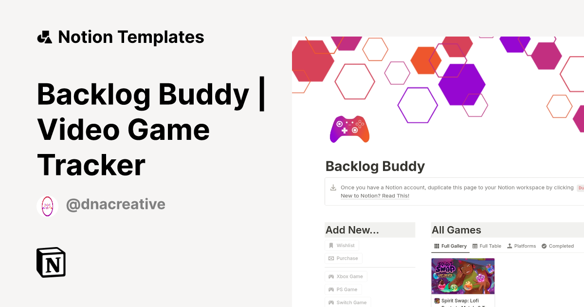 Backlog Buddy Video Game Tracker Template by DnA Creative Notion
