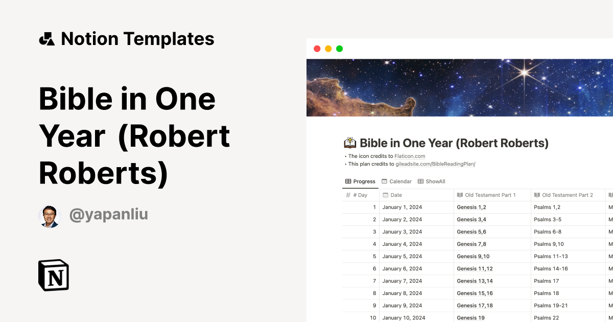 Bible in One Year (Robert Roberts) Template by Yapan Liu | Notion ...