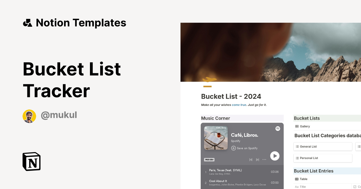 Bucket List Tracker by Mukul Notion Template