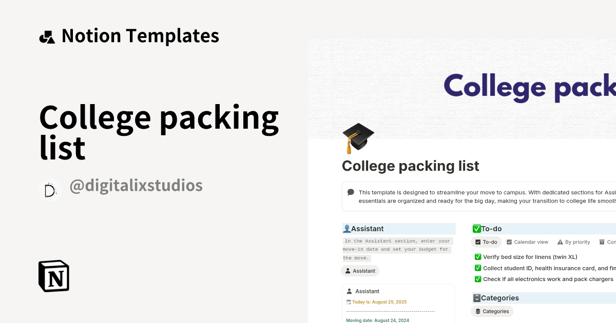 College packing list by Digitalix Notion Template